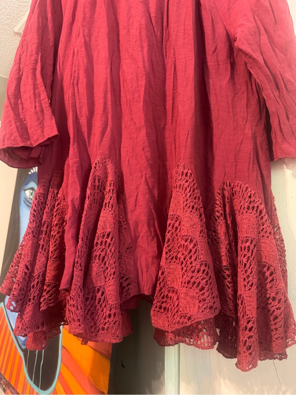 Indigo Soul XL Burgundy Crochet Lace Asymmetrical Hem Mini Tunic Dress Whimsigot - Picture 5 of 9